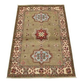 Kazak Rug 3’3” X 4’9” Brown Wool Tribal Hand-Knotted Oriental Carpet For Sale