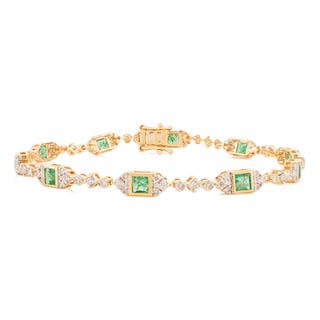 Art Deco-Style 1.36Ct Emerald & 1.12Ct Diamond Link Bracelet in 14k Yellow Gold For Sale