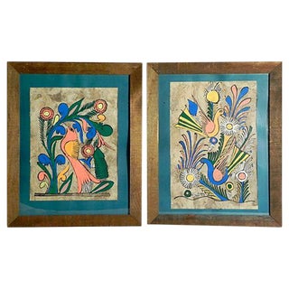 Birds on Amate Paper Paintings - A Pair For Sale