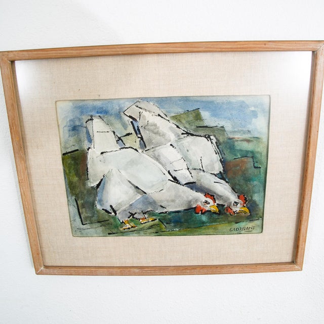 Mid Century Modern Watercolor George Constant Chickens Signed Painting Original For Sale - Image 9 of 12