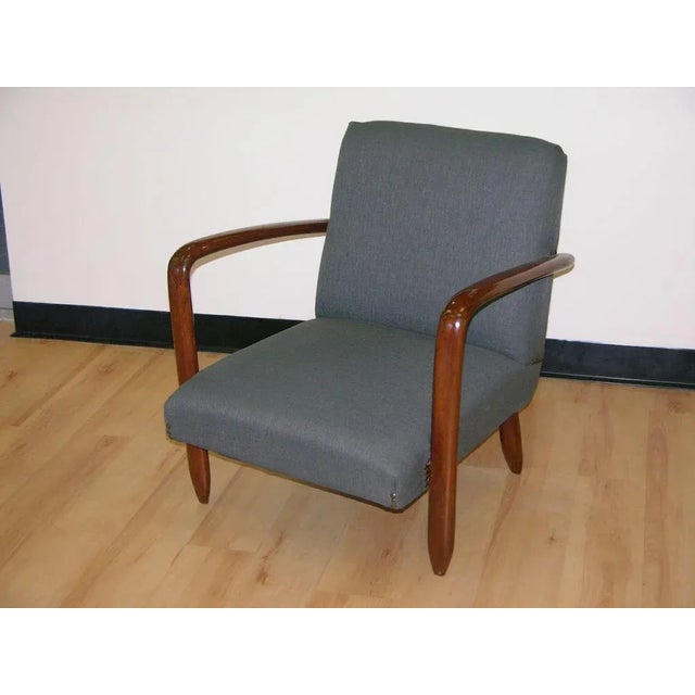 1960s Vintage Italian Modern Design Walnut Armchairs in Gray Blue Denim - a Pair For Sale In New York - Image 6 of 8