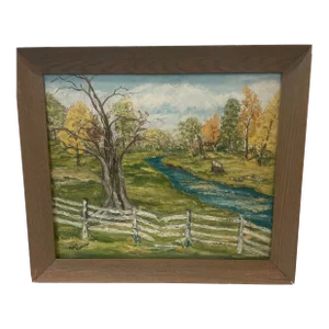 American Impressionist Landscape Painting of Kentucky Horse Farm With Rolling River