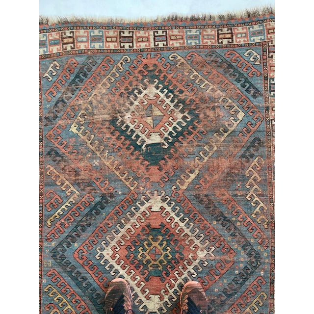 1910-20's Antique Caucasian Rug With Ram Horn Outlined Diamond Rug 4 4 X 6 4 For Sale - Image 11 of 13
