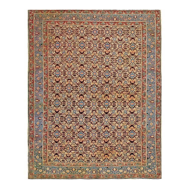 1890s Ivory Geometric Antique Persian Tabriz Haji Jalili Rug 4'2" X 5'3" Handknotted Wool Carpet For Sale