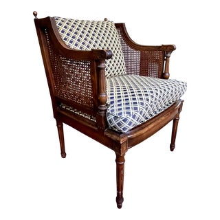 1970s Loiuis XVI Style Cane Back Club Chair With Navy Upholstery For Sale