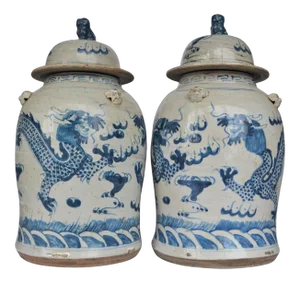 Contemporary Chinoiserie Blue and White Dancing Dragon Ginger Jars - a Pair