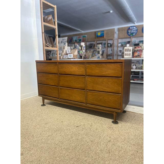 1960s 1960s Mid-Century Modern Likely Walnut Nine-Drawer Dresser With Sculpted Pulls, Dovetail Drawers, and Tapered Legs For Sale - Image 5 of 8