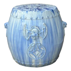 Chinese White Blue Glaze Bat Fortune Coin Pattern Round Ceramic Garden Stool