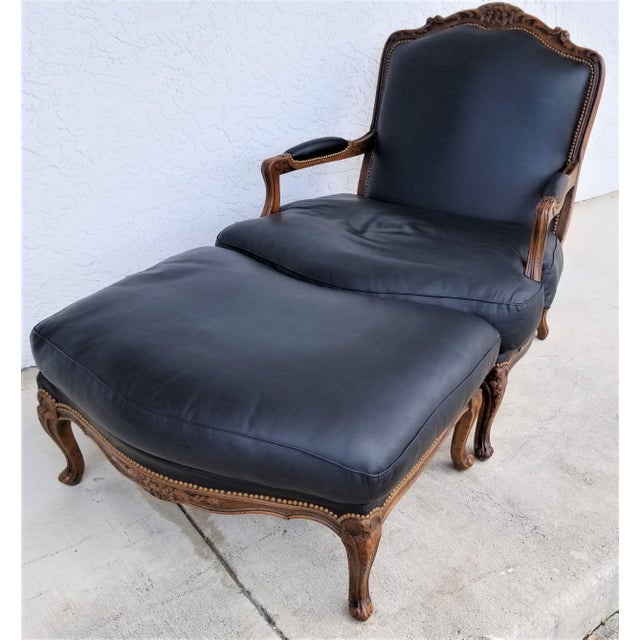 Chateau D Ax Genuine Leather French Louis Xv Style Fauteuil Chair With Ottoman Chairish