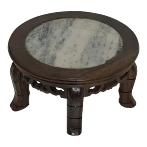 6.75" Oriental Brown Wood Marble Round Table Top Stand Riser