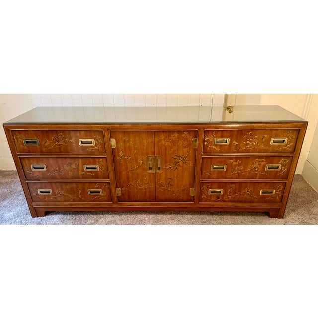 Vintage Asian Chinoiserie Drexel Heritage Dresser, bevel glass top, is a Mid 20th-century vintage piece with a rectangular...