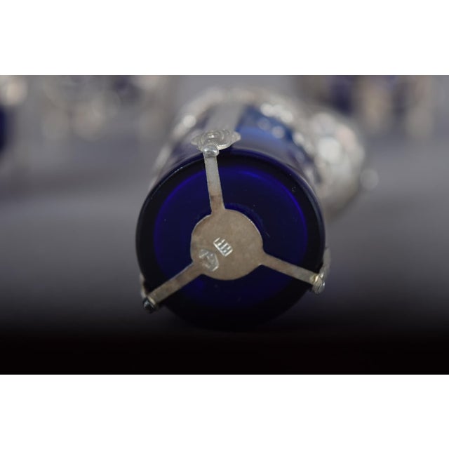 Antique Silver-Mounted Cobalt Blue Glass Condiment Set, 1900, Set of 7 For Sale - Image 4 of 18