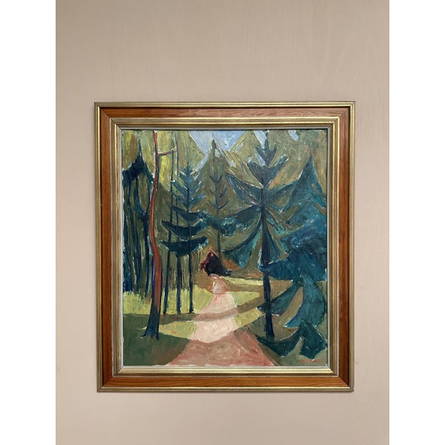 Large Original Swedish Oil on Canvas – “Forest Road” by Leif Ewens – Signed – Vintage & Framed – 92 × 82 cm (36.2" ×...
