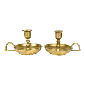 Mid 20th Century Solid Brass Chamber Candlestick Candle Holders With Handles - a Pair