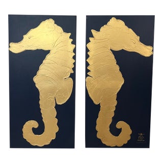 Twin Seahorses Canvas Art, Navy Blue & Gold Original Paintings Designed by Cheryl P. Kohloff - Set of 2 For Sale