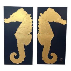 Twin Seahorses Canvas Art, Navy Blue & Gold Original Paintings Designed by Cheryl P. Kohloff - Set of 2