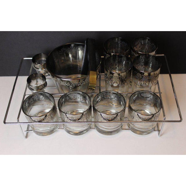 1950s Mid Century Silver Fade Glasses With Silver Metal Filigree Overlay, in Chrome Carrier - 13 Pieces For Sale - Image 5 of 11