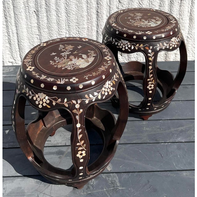 Vintage Asian Hardwood Inlay Low Stools - a Pair For Sale - Image 4 of 10