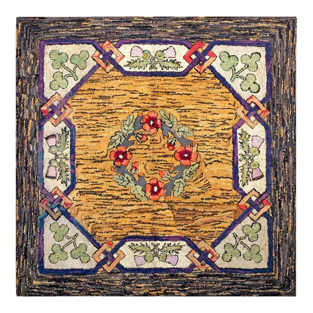 1930s Orange Arts & Crafts Floral American Hooked Rug 6' X 6' Handknotted Wool Carpet For Sale
