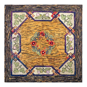 1930s Orange Arts & Crafts Floral American Hooked Rug 6' X 6' Handknotted Wool Carpet