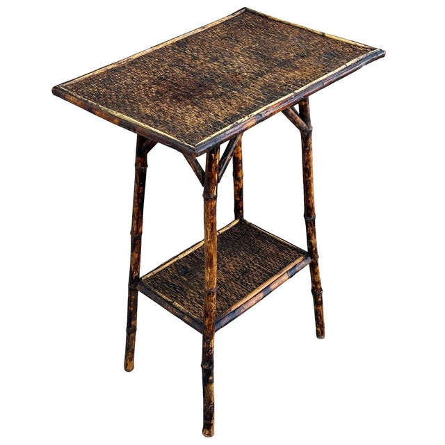 Victorian Early 20th Century Restored Aesthetic Movement Tiger Bamboo Rectangle Side Table W/ Embossed Top For Sale - Image 3 of 6