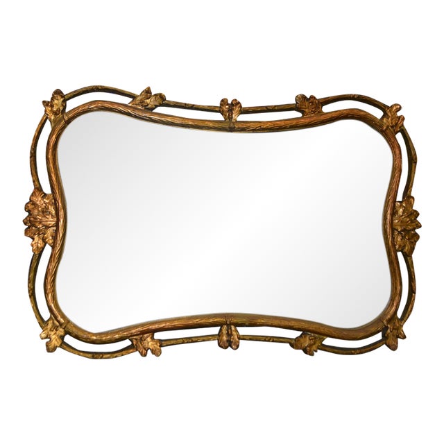 Vintage Large Ornate Wavy Scrolled Edge Gold Wall / Mantel Mirror For Sale