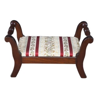 Antique 20th C. Regency Style Mahogany Footstool Striped Floral Brocade Seat For Sale