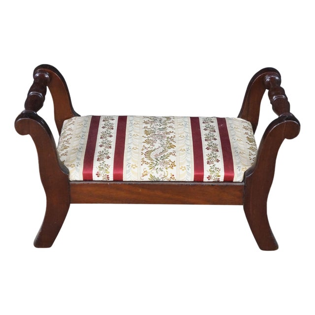 Antique 20th C. Regency Style Mahogany Footstool Striped Floral Brocade Seat For Sale