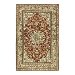 1950s Red Field Traditional Medallion Vintage Isfahan Wool Silk Small Carpet Rug For Sale