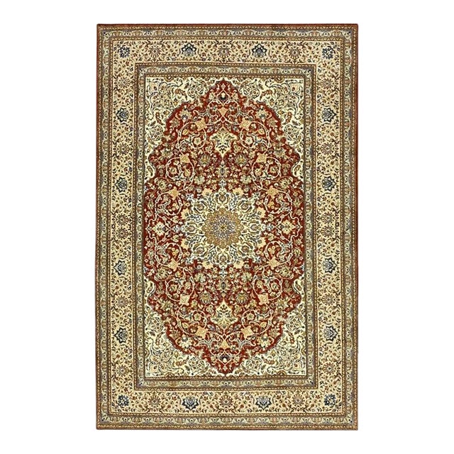 1950s Red Field Traditional Medallion Vintage Isfahan Wool Silk Small Carpet Rug For Sale