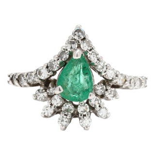 1.10 CTW Emerald & Diamond Pear Cluster Ring, 14k White Gold, Ring Size 5.25 For Sale