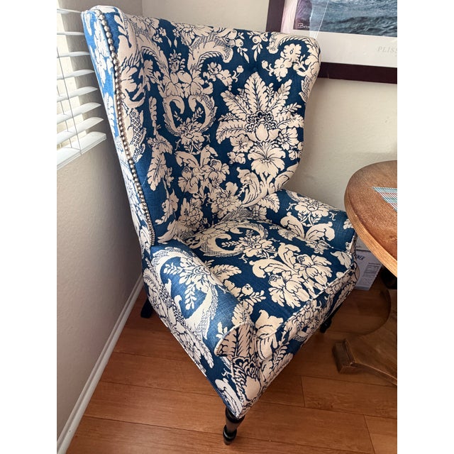 Traditional Pair of Barclay Butera "Avery" Wing Chairs in Blue Damask For Sale - Image 3 of 7