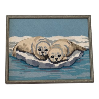 Vintage Baby Seal Needlepoint Handmade Textile Artwork For Sale