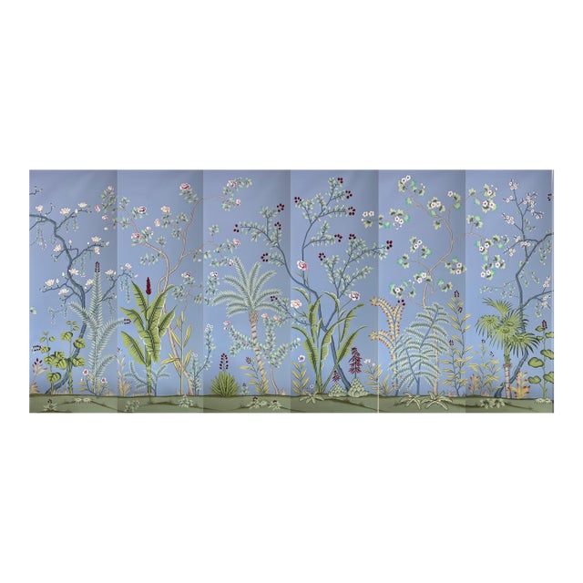 Chinoiserie Tropical Hand-Painted Wallpaper Panels, Soft Blue Background With Floral & Palm Mural, Set of 6 For Sale