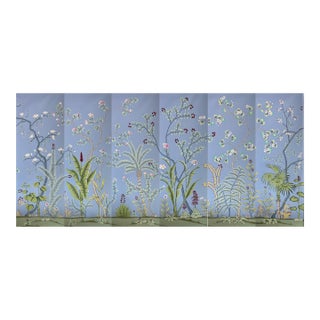 Hand-Painted Chinoiserie Tropical Mural Panels | Soft Blue Floral & Palm Luxury Wallcovering Set of 6 For Sale