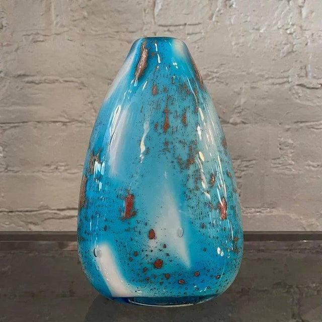 Mid century modern, pear shaped, Murano art glass vase in gradient sky blue and white with gold flecks throughout....