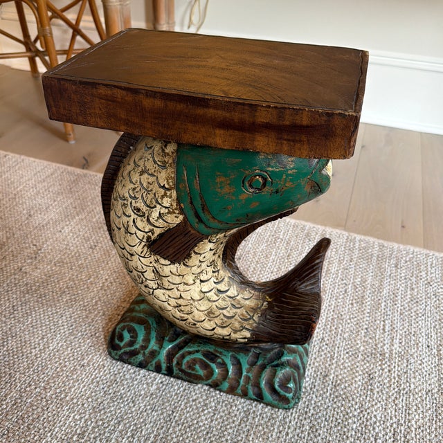 Green Vintage Hand Carved Painted Wooden Koi Fish Side Table/Pedestal. For Sale - Image 8 of 12