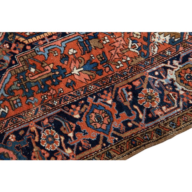 Red Antique Persian Heriz Handmade Medallion Designed Rust Wool Rug For Sale - Image 8 of 10