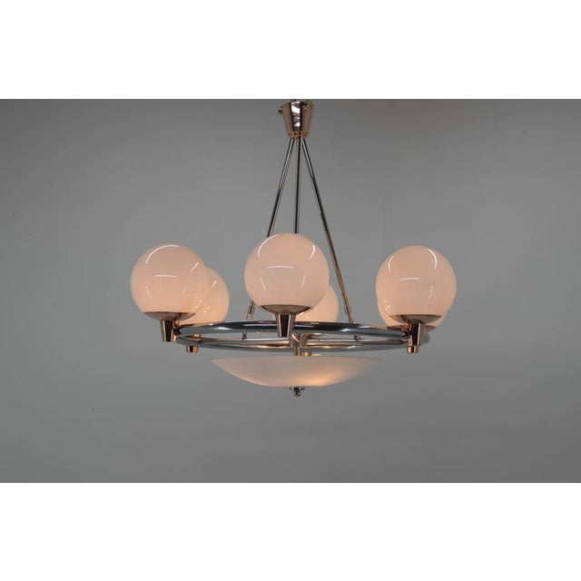 Art Deco Chandelier in Chrome, Copper & Opaline Glass, Czech, 1930s For Sale - Image 3 of 18