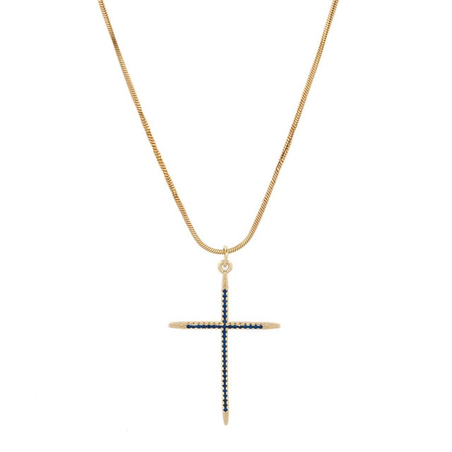 Contemporary Divine Sapphire Cross Gold Pendant Necklace For Sale - Image 3 of 8
