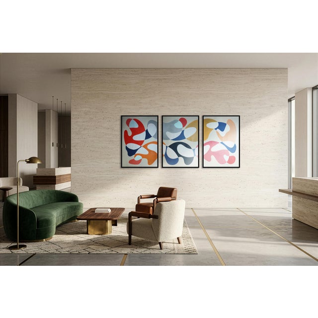 Pink 2026, Mid Century Modern Style, Contemporary Painting of Primary Tones and Curves, Triptych, Acrylic Paint on Watercolor Paper For Sale - Image 8 of 11