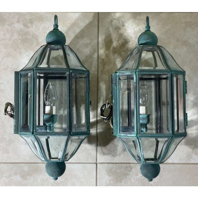 Pair of Vintage Solid Brass & Beveled Glass Wall Lantern - Sconces - Verdigris For Sale - Image 12 of 14