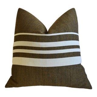 Nautical Earthy Sandy Brown & White Striped Feather/Down Pillow 21" Square For Sale