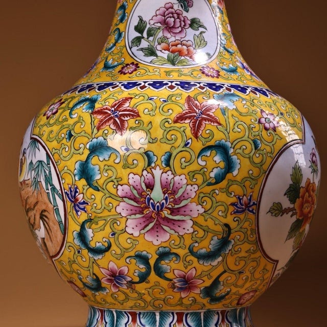 Yellow Pair of Vintage Chinese Gilt Copper Enamel "Bird & Flower" Vases, Qianlong Mark - 2740g For Sale - Image 8 of 9