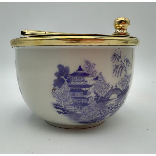 Metal Vintage Chinoiserie Porcelain & Brass Covered Sugar Bowl For Sale - Image 7 of 11