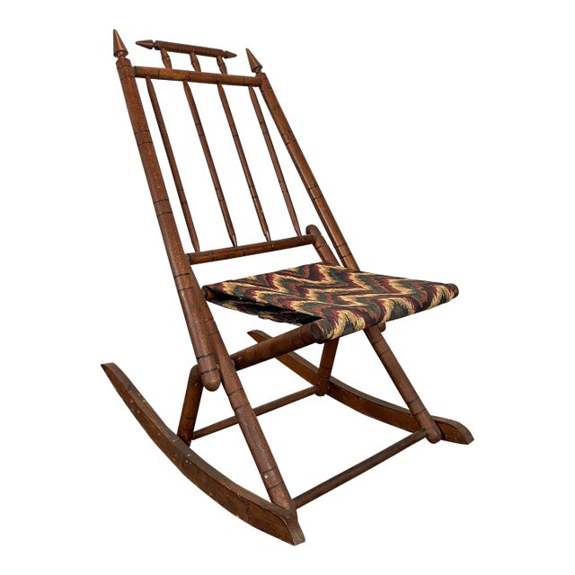 Antique Tapestry Campaign Folding Rocking Chair For Sale