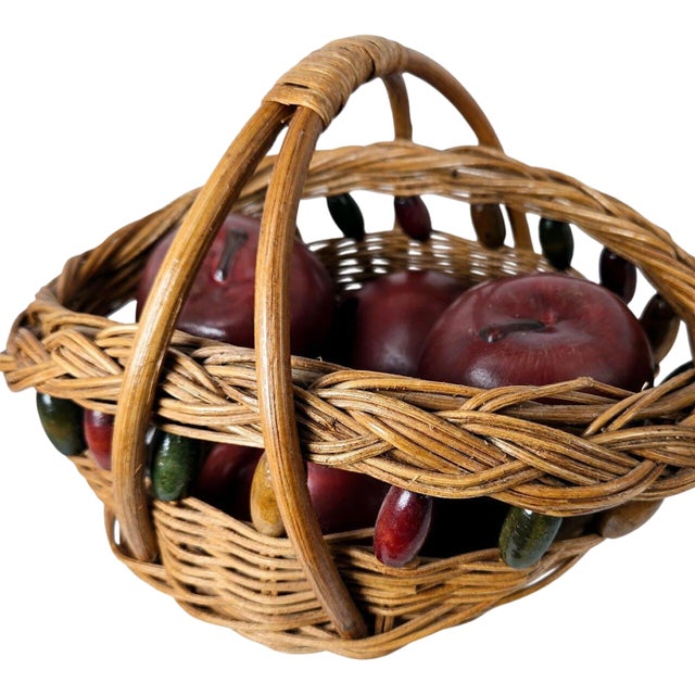 Vintage Woven Basket Wood Beads Ceramic Lifesize Apples For Sale