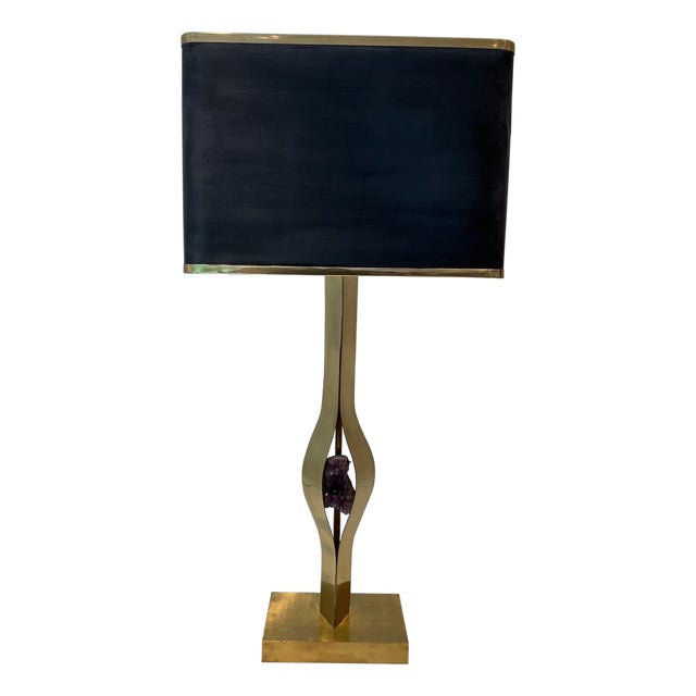 1970s Mid Century Modern Important sculptural brass lamp with an amethyst stone by Willy Daro For Sale