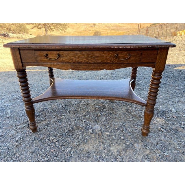 Antique Oak Arts and Crafts Mission Library Table Wirh Twisted Legs Needs Restoration For Sale - Image 18 of 18