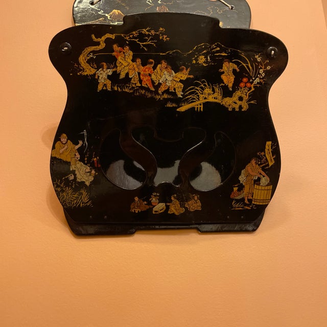 Chinoiserie Late 19th Century Chinoiserie Black Lacquer Wall Letter Holder For Sale - Image 3 of 6